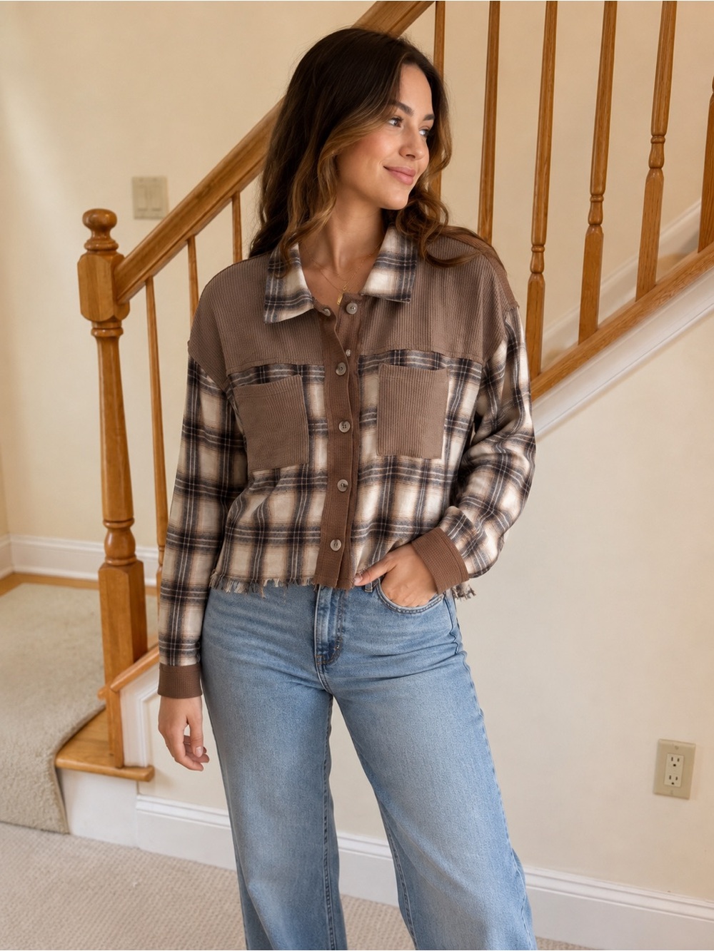 Hem & Thread Plaid Brown Cropped Utility Shacket